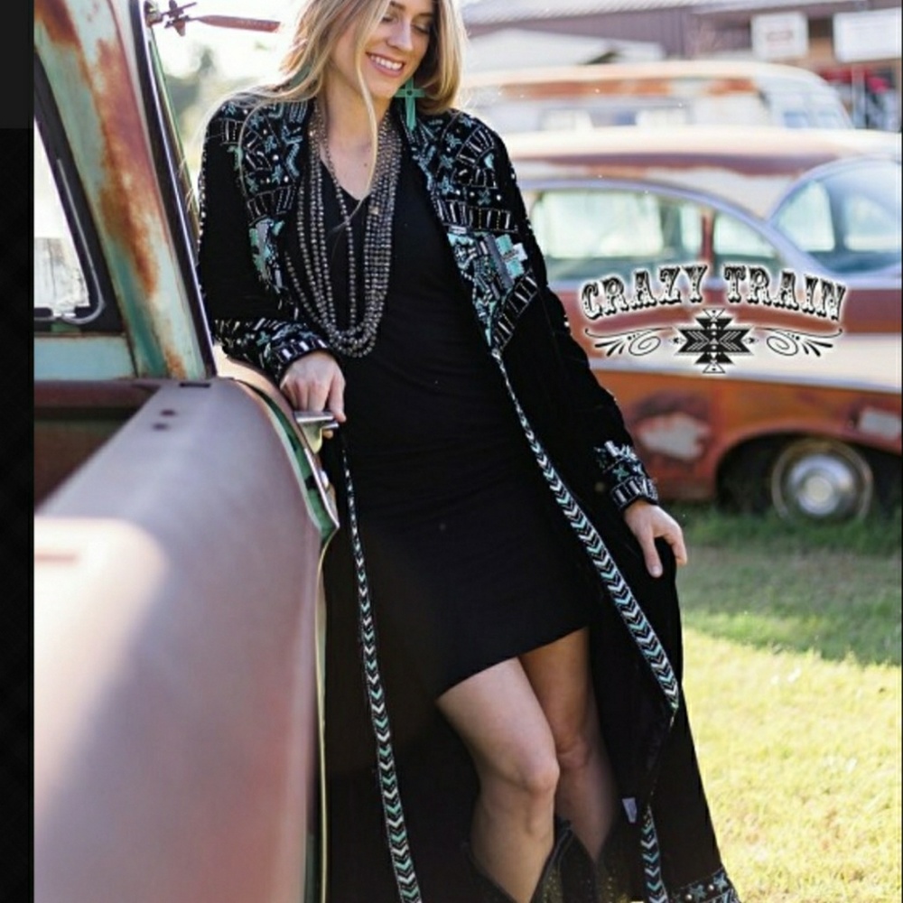 Black Maxie Velveteen Duster with Turquoise trim